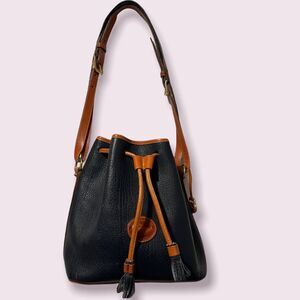 Dooney Bourke Drawstring Bucket Bag Navy Brown All Weather Leather USA VTG